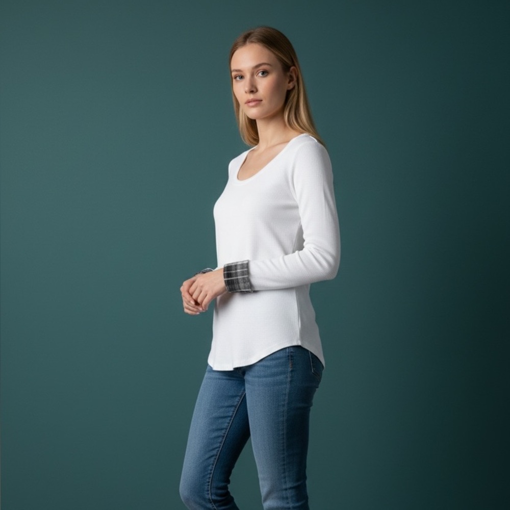 We The Free White Thermal Top Black & White Flannel Cuffs L  Shirt-tail hem $98